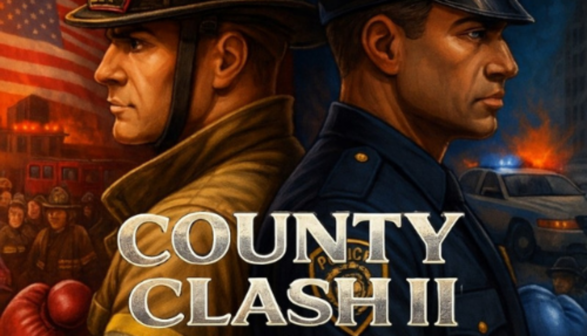 Firefighter and police officer back-to-back with boxing gloves, promoting County Clash II at Westchester County Center.